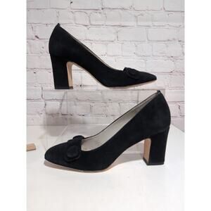 Boden Black Suede Leather Block Heel Pumps US 6 EU 37 Button Detail Square Toe